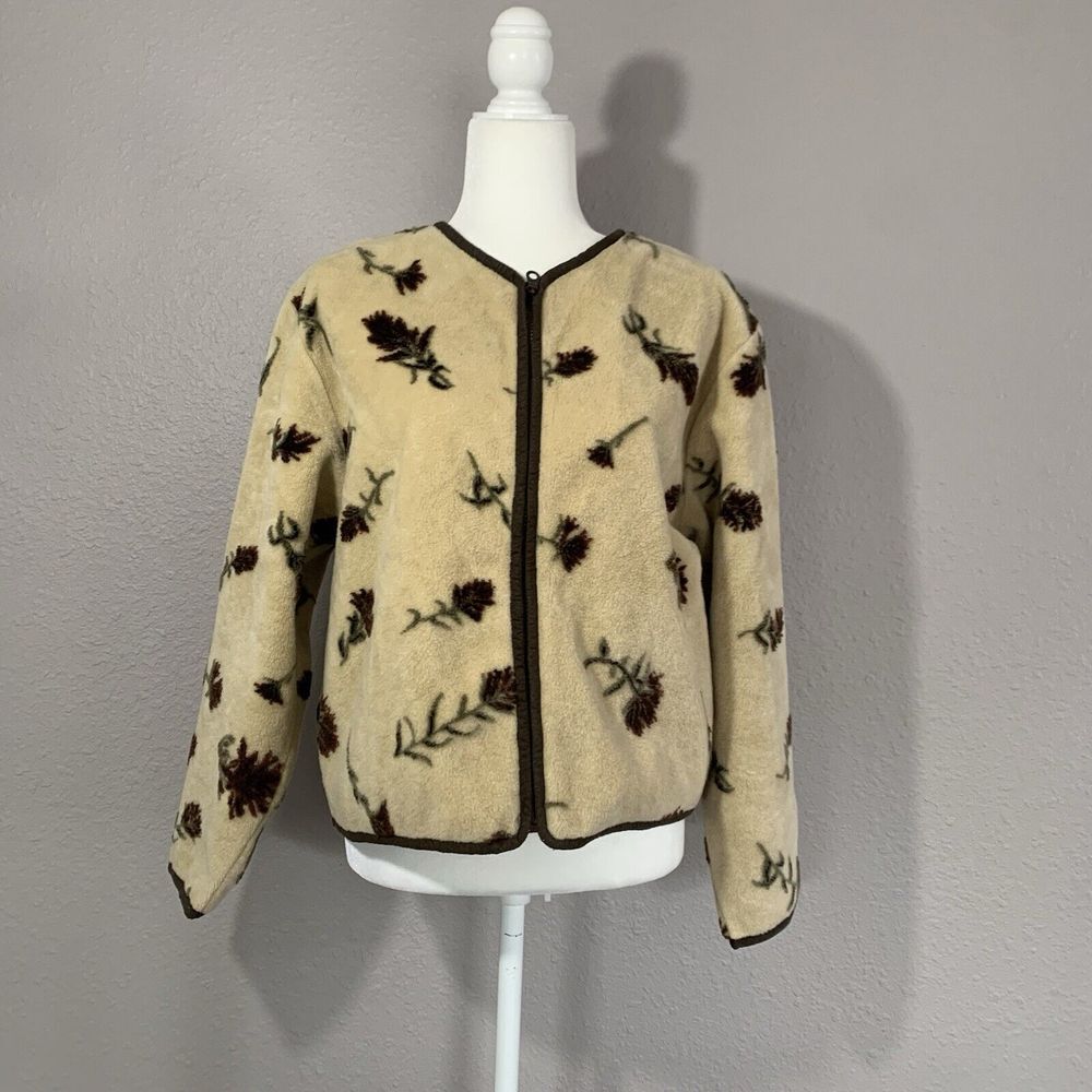 Tsunami  Canada Women's Beige Floral Full Zip Fleece Sweater Jacket‎ Size Medium